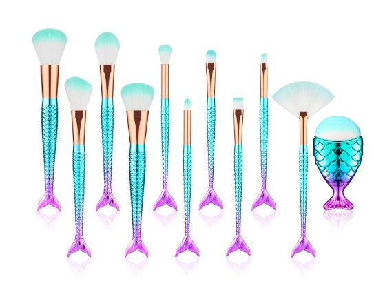 11-Piece Mermaid Makeup Brushes Kit – Professional Synthetic Brushes for Face, Eyes & Lips